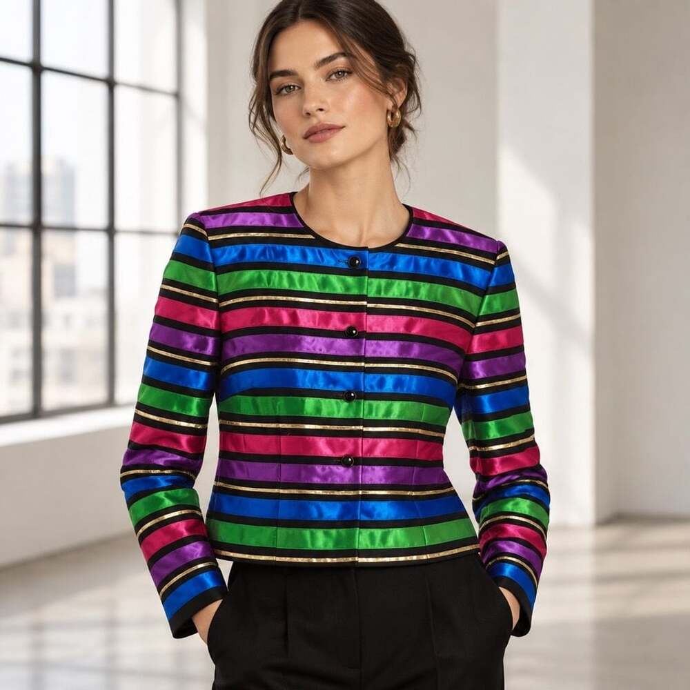 Maggy London Striped Jacket Size 10 Multicolor Gold Metallic Ribbon